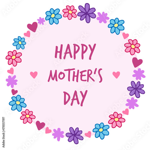 Happy Mother's Day vector illustration drawing of flower and heart wreath with writing, greeting card isolated with transparent background, circle with light pink inside.