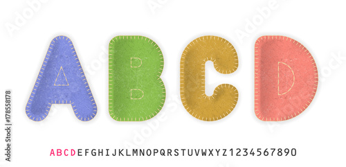 Uppercase realistic letters A, B, C, D made of color felt fabric. For festive cute design.