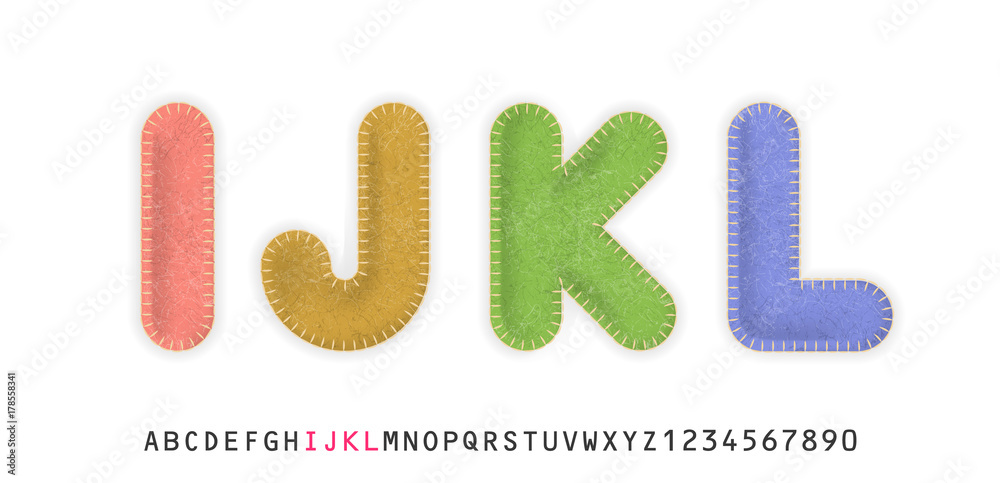 Uppercase realistic letters I, J, K, L made of color felt fabric. For festive cute design.