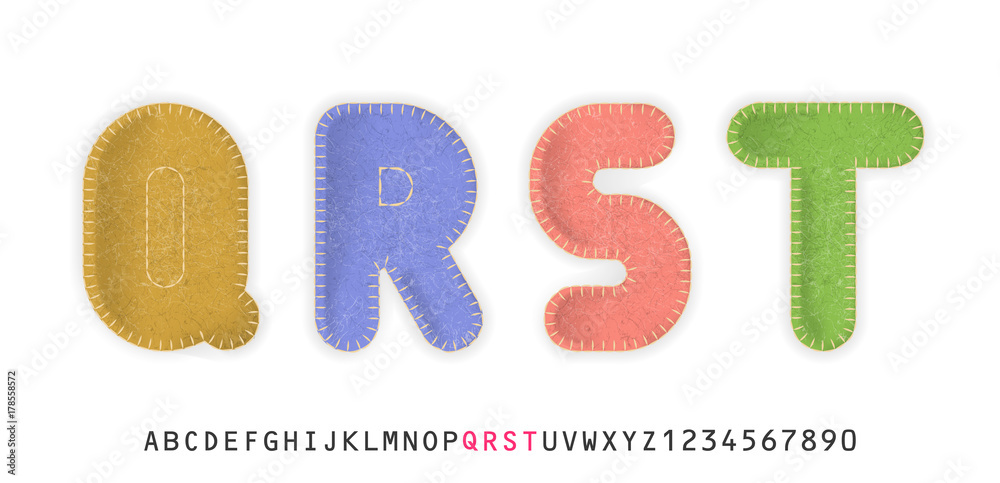 Uppercase realistic letters Q, R, S, T made of color felt fabric. For festive cute design.