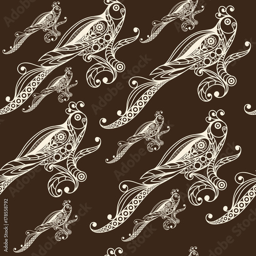 Seamless pattern with lace parrot 1 brown