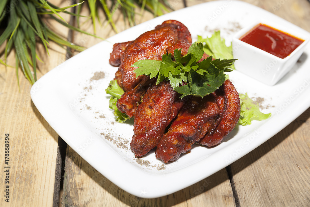 chicken wings in hot sauce, chicken snack barbecue