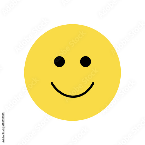 Simple emoticon smiley face, yellow smiling emoticon with black eyes and mouth, vector illustration drawing, isolated icon.