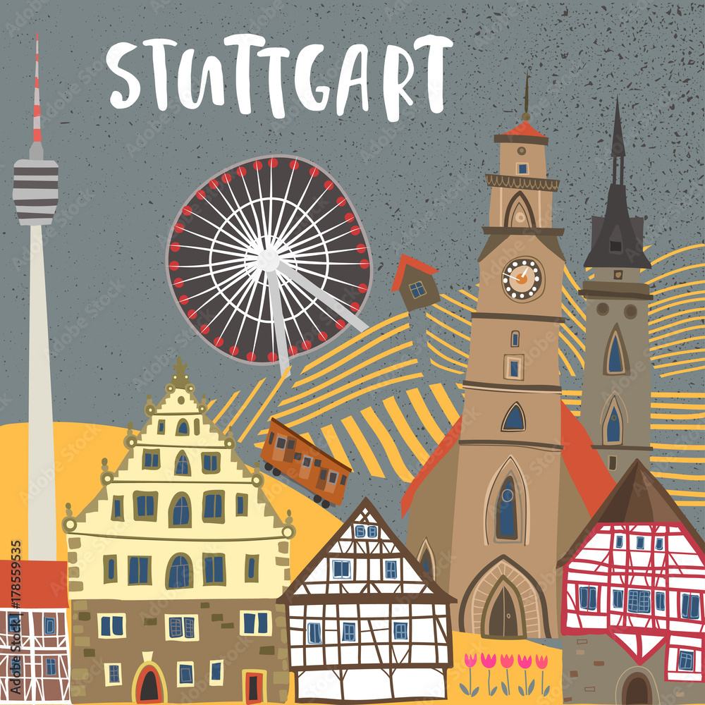 Hand-drawn illustration of Stuttgart landmarks: Monastery church, Schiller square, half-timbered houses, Cannstatt Ferris wheel, TV tower. For souvenirs, postcards, magnets. Baden-Wurttemberg, Germany - obrazy, fototapety, plakaty 