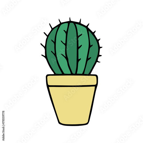 Cute little cactus in yellow plant pot. Vector illustration doodle cartoon drawing. Cactus isolated sticker icon.