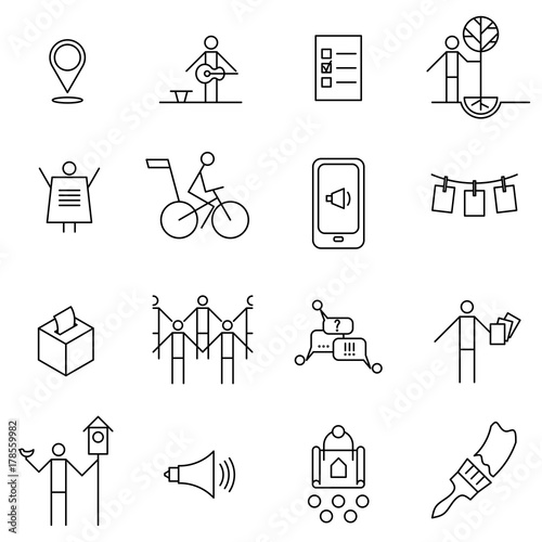 Set of thin line icons on the theme of urban initiatives, social movements, agitation and propaganda.