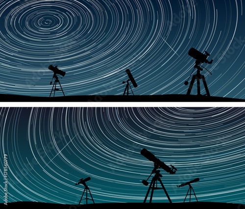 Horizontal banners of stars trace circles on the sky with telescopes.