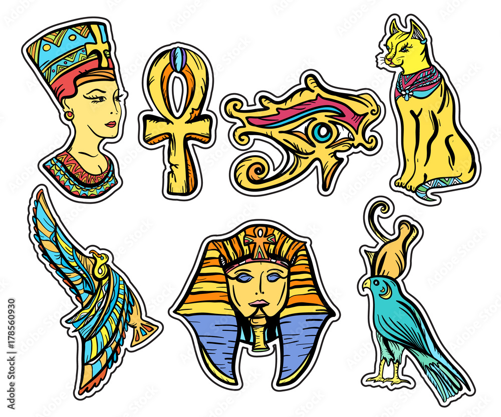 Ancient Egypt, old school tattoo. Classic flash tattoo style Egypt, patches and stickers. Pharaoh, ankh, eye Ra,  Nefertiti, cat.  Ancient Egypt hand drawn collection