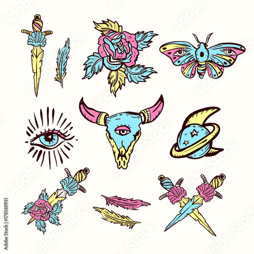 Skull bull, rose, knife, butterfly, moon. Esoteric, sacred geometry tattoos, hand drawn vector. Set of esoteric color tattoo elements