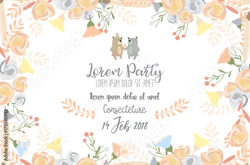 Rose pink collection for banners,Placards with leaf,flower,bride,groom and bear
