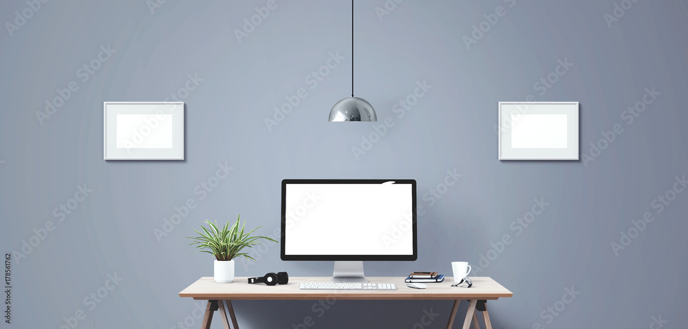 Computer display and office tools on desk. Desktop computer screen isolated. Front view. Computer display and office tools on desk. Desktop computer screen isolated. Front view.