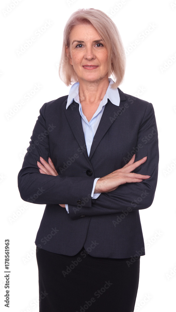 beautiful old businesswoman with arms crossed. Isolated beautiful old businesswoman with arms crossed. Isolated