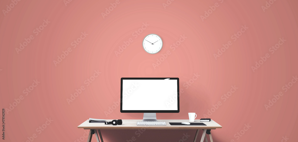 custom made wallpaper toronto digitalComputer display and office tools on desk. Desktop computer screen isolated. Front view.