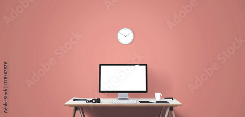 Wallpaper Mural Computer display and office tools on desk. Desktop computer screen isolated. Front view. Torontodigital.ca