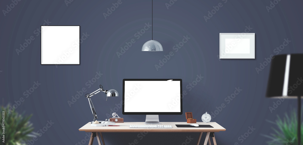 Computer display and office tools on desk. Desktop computer screen isolated. Modern creative workspace background. Front view. Computer display and office tools on desk. Desktop computer screen isolated. Modern creative workspace background. Front view.