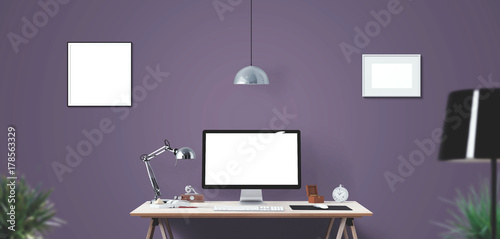 Computer display and office tools on desk. Desktop computer screen isolated. Modern creative workspace background. Front view.