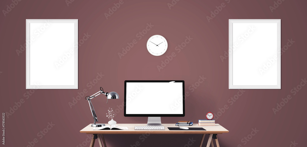 Mockup Scene CreComputer display and office tools on desk. Desktop computer screen isolated. Modern creative workspace background. Front view.ator Mockup Scene CreComputer display and office tools on desk. Desktop computer screen isolated. Modern creative workspace background. Front view.ator
