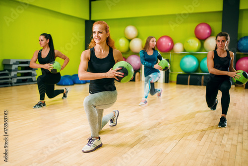 Women group with balls in motion, fitness workout