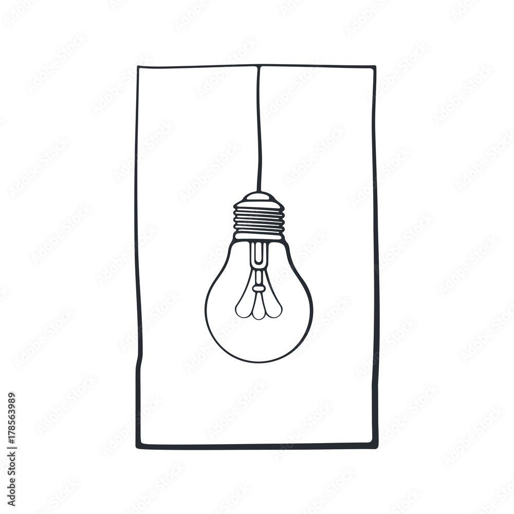 Vector illustration. Hand drawn doodle of light bulb on the wire in a ...