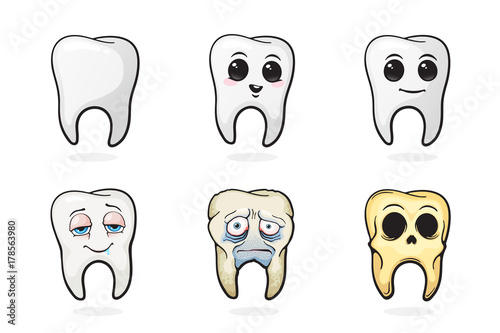 Vector illustration. Human tooths, happy tooth, sad sick tooth and skull of tooth. Symbols of oral hygiene. Set in cartoon style with contour. Isolated on white background