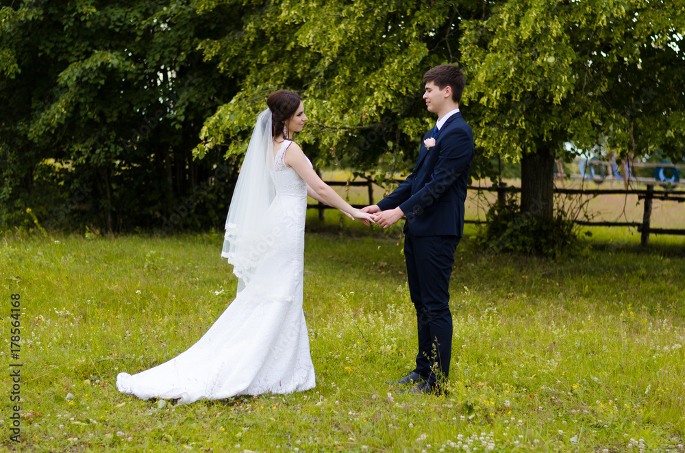 A beautiful married couple in wedding dresses, posing for a photo shooting in an belarusian village. Green background