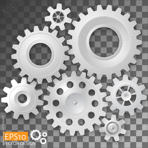 Realistic white gears on transparent background. Vector illustration