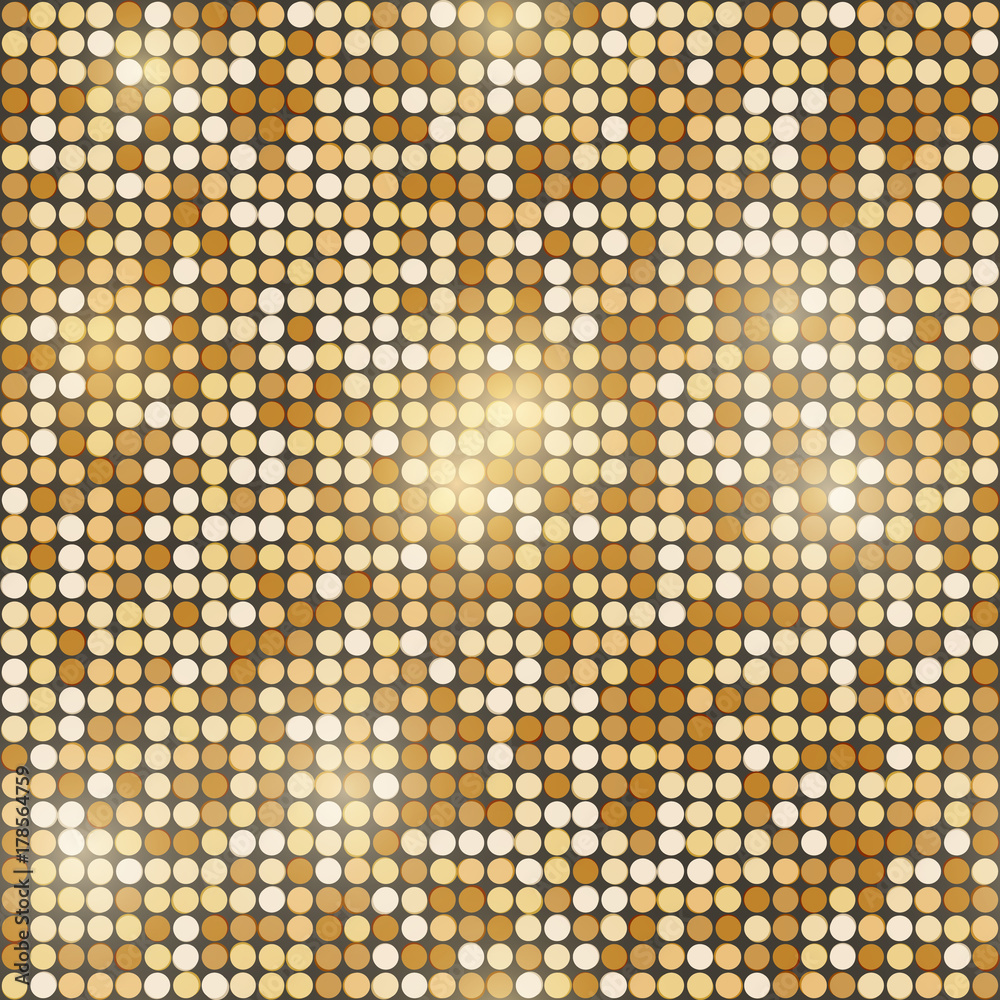 Gold glittering round mosaic seamless background.