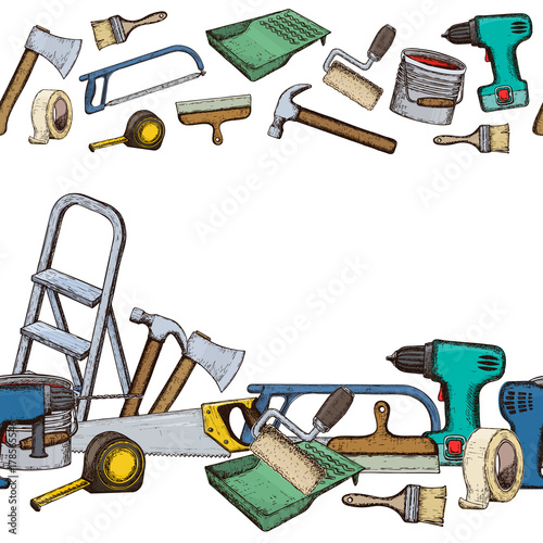 Seamless horizontal borders of building repair tools, colorful sketch illustration of repair tool. Vector