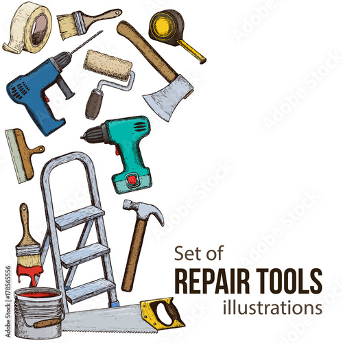 Set of building repair tools, colorful sketch illustration of repair tool. Vector