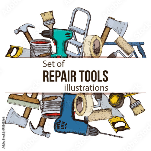 Set of building repair tools, colorful sketch illustration of repair tool. Vector