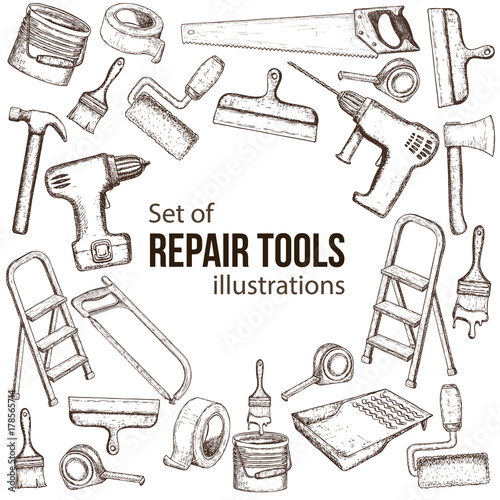 Set of building repair tools, sketch illustration of repair tool. Vector