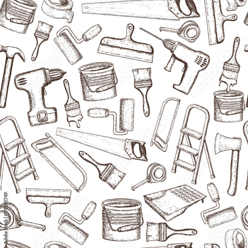 Seamless background of building repair tools, sketch illustration of repair tool. Vector