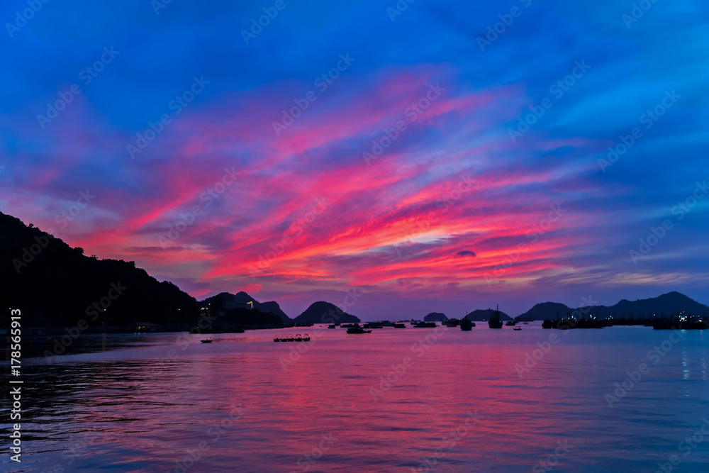 pink Halong Bay on Cat Ba Island, Vietnam Seascape