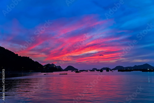 pink Halong Bay on Cat Ba Island, Vietnam Seascape