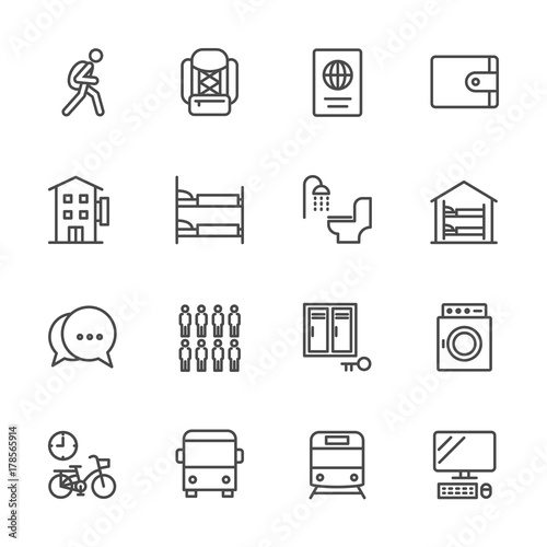 Hostel & Hotel icon set. Traveler and Backpacker. Vector line icon