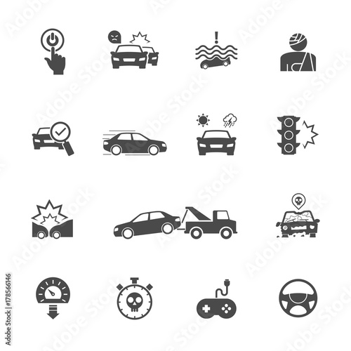 Causes of Car Accidents, Start to think before you start the engine. Vector icons set related to car. © Kittichai