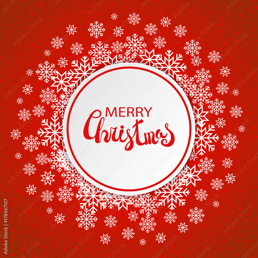 Winter elegant card template with snowflakes and dots. Circle with drop shadow and Merry Christmas lettering text Winter elegant card template with snowflakes and dots. Circle with drop shadow and Merry Christmas lettering text