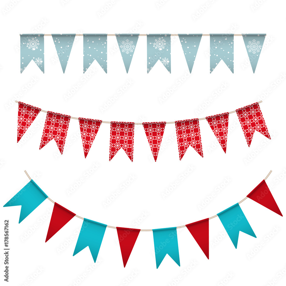 Obraz premium Holiday celebration background with a garland. Bunting flag banner with dots and snowflakes. Christmas and New Year design. Vector illustration.