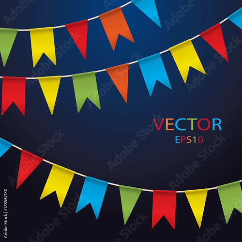 Colorful garlands on white background. Party colorful bunting flags. Vector illustration, party pennants with different forms. Celebrate flags. Birthday decoration. Hanging colored flags.