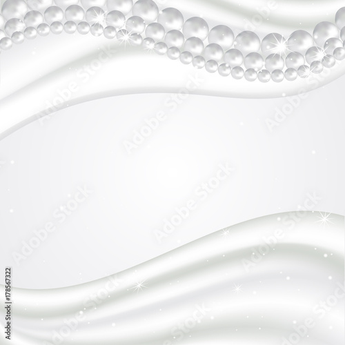 Abstract vector background with beautiful 3D shiny natural white pearl garlands of beads. Christmas decorations. Wedding theme. Vector illustration. White wavy satin silk fabric, shining stars