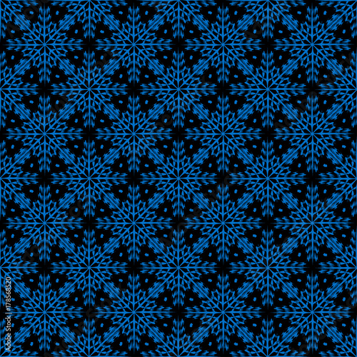 blue snowflakes on a black background. Beautiful abstract background. Seamless pattern.