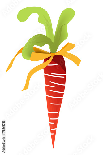 Beautiful, abstract, cute bright red carrot with lush leaves and orange silk bow (ribbon)