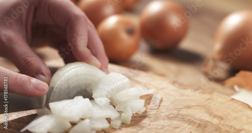 young female hands slicing white onion