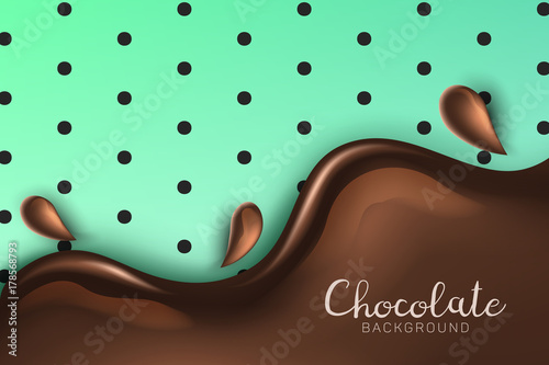 Beautiful and realistic glossy chocolate flow with splash and drops on mint green background with black polka dots and shadow. Vector chocolate background with 3d effect