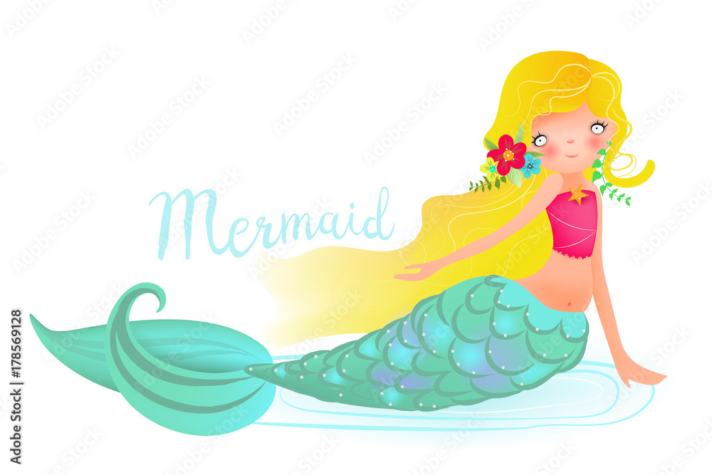 Cute and beautiful little mermaid, sirene with blond hairs with flowers wreath, blue glowing fish tail and open eyes. Child's illustration, mermaid print, background. Vector illustration