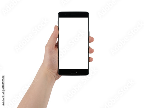 young female hand hold smatphone with blank screen isolated on white