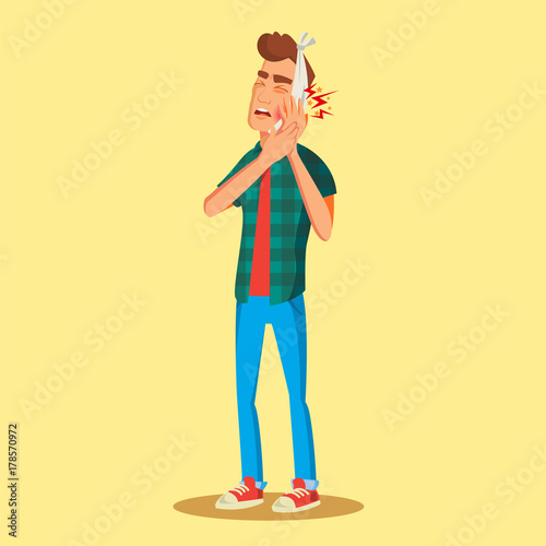 Man With Toothache Vector. Man With Toothache And Bandage. Concept For Dentist, Diseases, Tooth Day. Isolated On White Cartoon Character Illustration