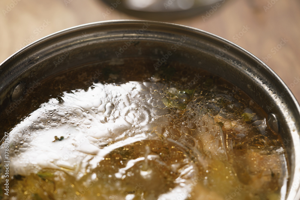 prepared hot trout soup with potatoes in pot prepared hot trout soup with potatoes in pot