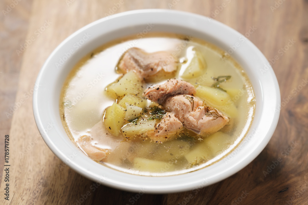 closeup fish soup with trout in bowl closeup fish soup with trout in bowl