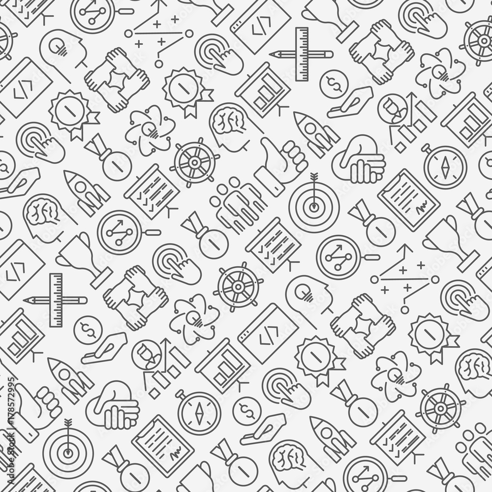 Start up seamless pattern with thin line icons of development, growth, success, idea, investment. Vector illustration for background of banner, web page, print media.